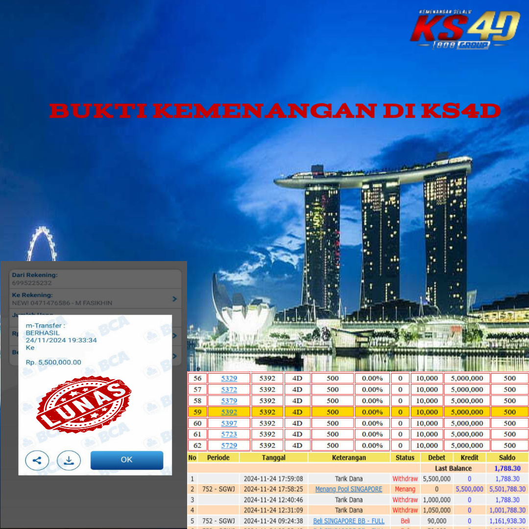 BUKTI KEMENAGAN PERMAINAN TOGEL SINGAPORE 24 NOVEMBER 2024